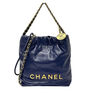 Chanel CHANEL Handbag 22 Women's Brand Shoulder Bag 2-way Leather Navy Gold H...